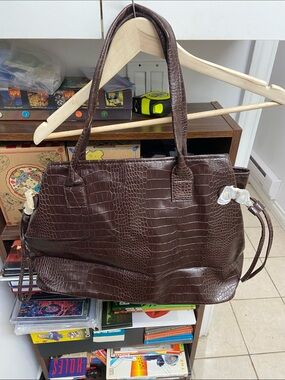 Lancome Croc-Embossed Tote Bag in Dark Brown